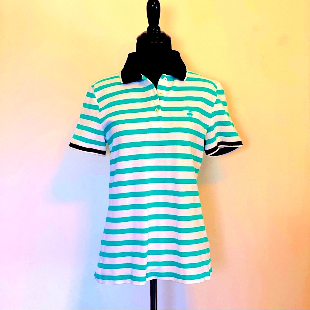 Brooks Brothers Preppy Teal And White Striped Cotton Polo Shirt Size M